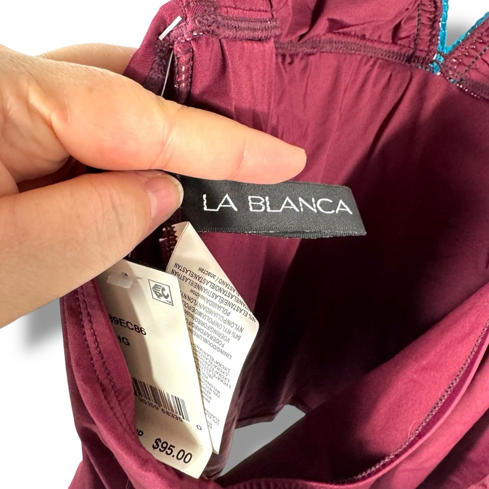 La Blanca Running Stitch Embellished Halter Tankini Top, Deep Maroon, Size 16 - Picture 10 of 14